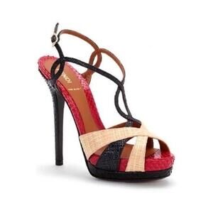Fendi Tri-Color Raffia & Snakeskin Slingback Platform Sandals 38.5 / US 8.5